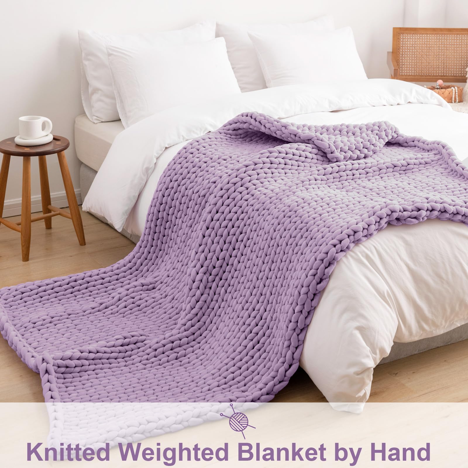 Weighted Idea Knitted Weighted Blanket Queen Size(60" x 80", 15lbs, Lavender) Handmade Minky Throw Blanket for Adults, Soft and Chunky, Best Gift for Christmas