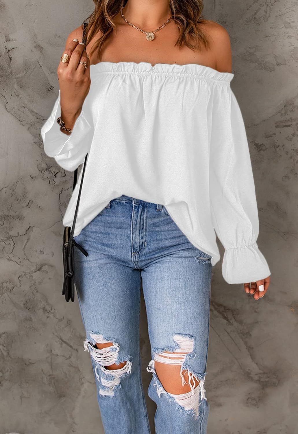 Women's Off Shoulder Top Ruffle Long Sleeve Chiffon Blouse Casual Loose Shirts - Image 3