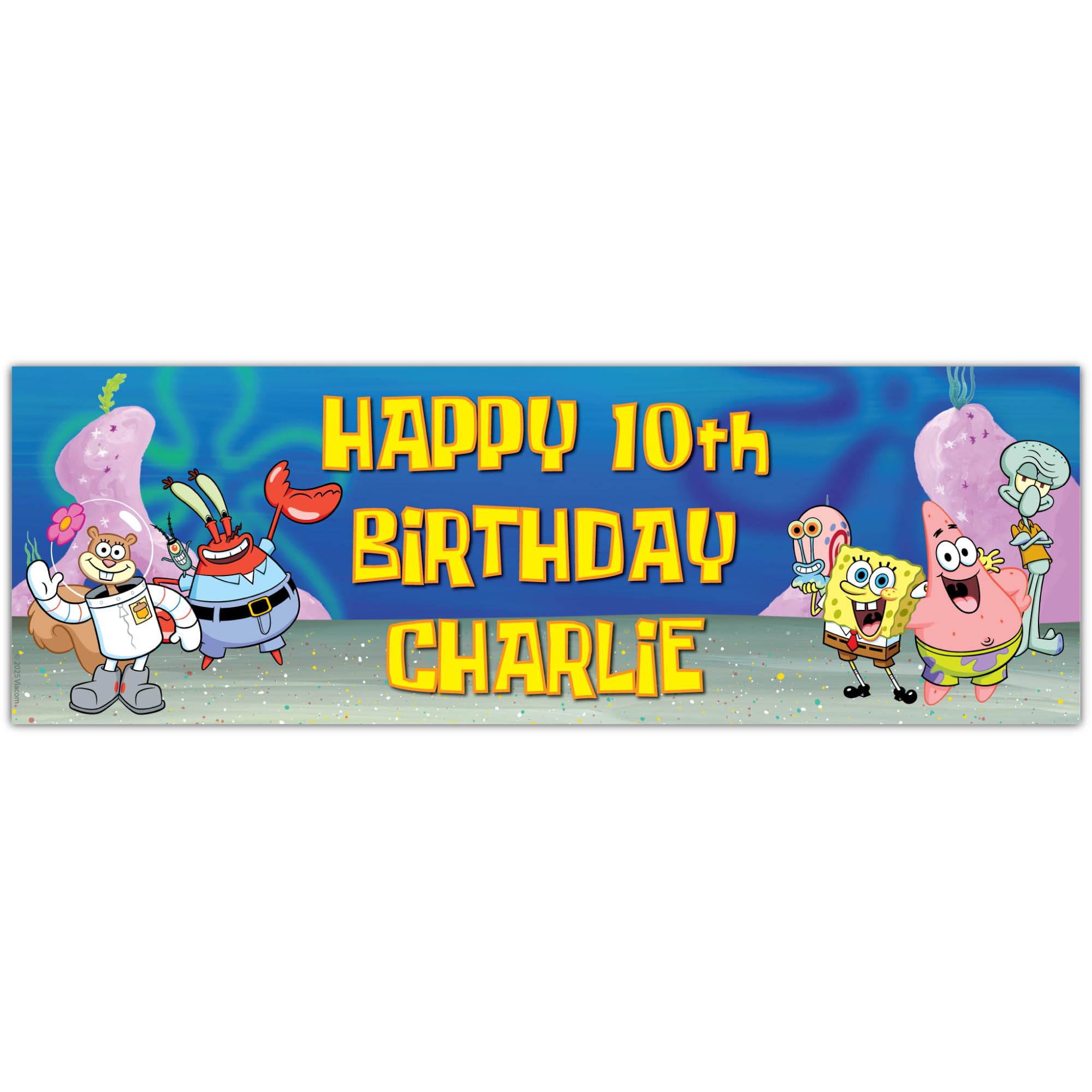 Spongebob Birthday - Spongebob Group Personalised Banner Wall Sticker (120cm Width x 40cm Height), Red