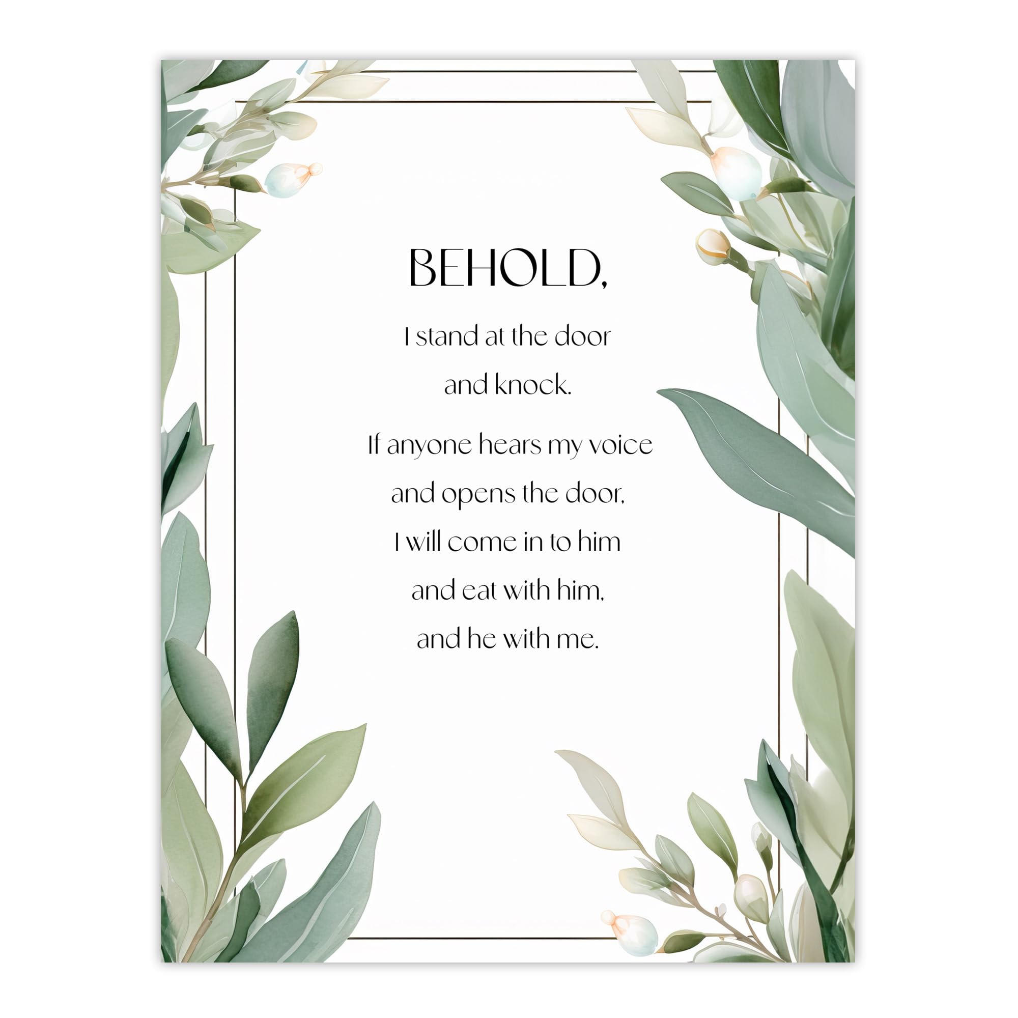 Artery8 Behold Stand at Door and Knock Green Revelation New Testament Jesus Christ Christian Bible Faith God Quote Revelations Flowers Artwork Extra Large XL Wall Art Poster Print