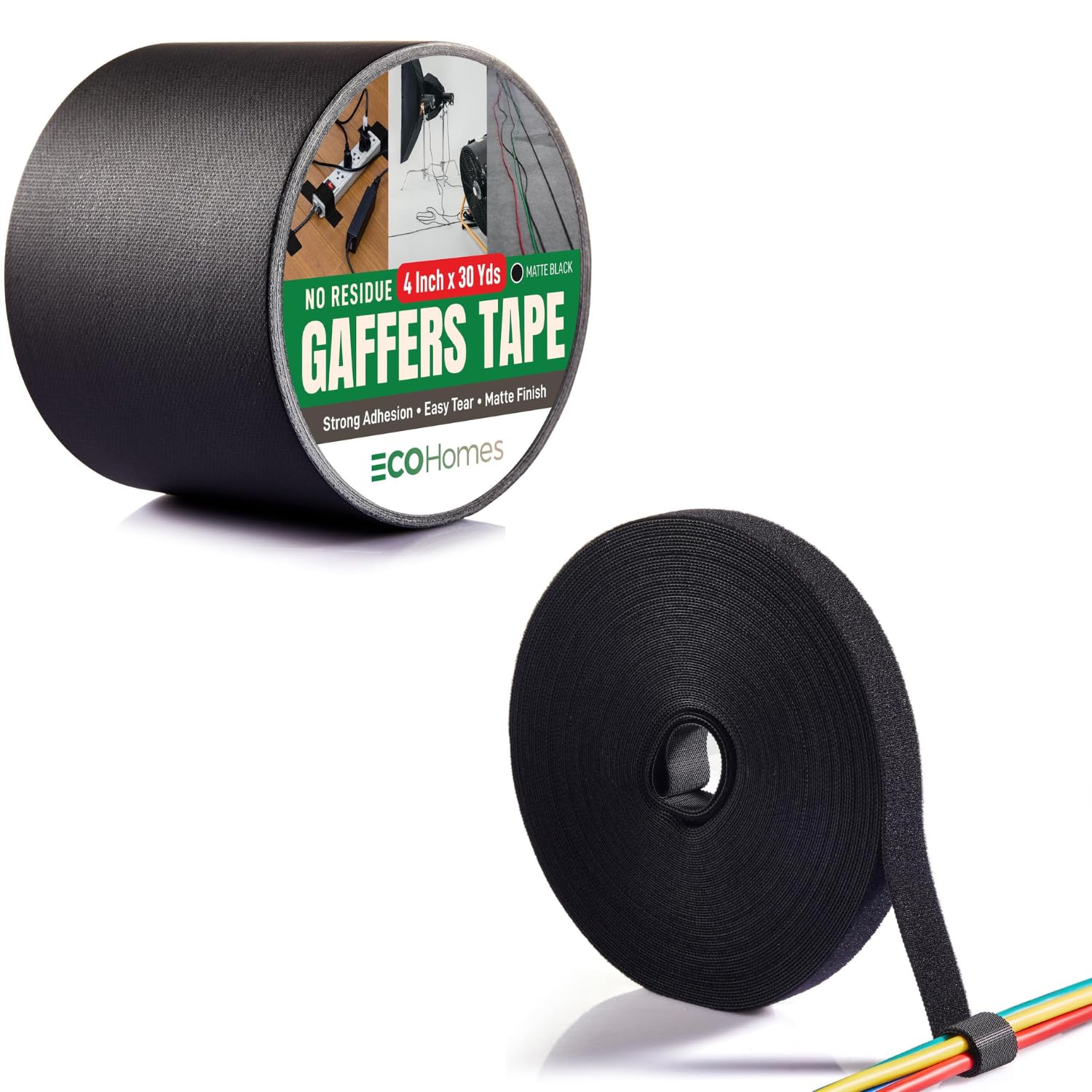 ECOHomes Bundle - 4 Inch x 90 FT Gaffer Tape + 3/4 Inch by 75 FT Cable Ties Wrap