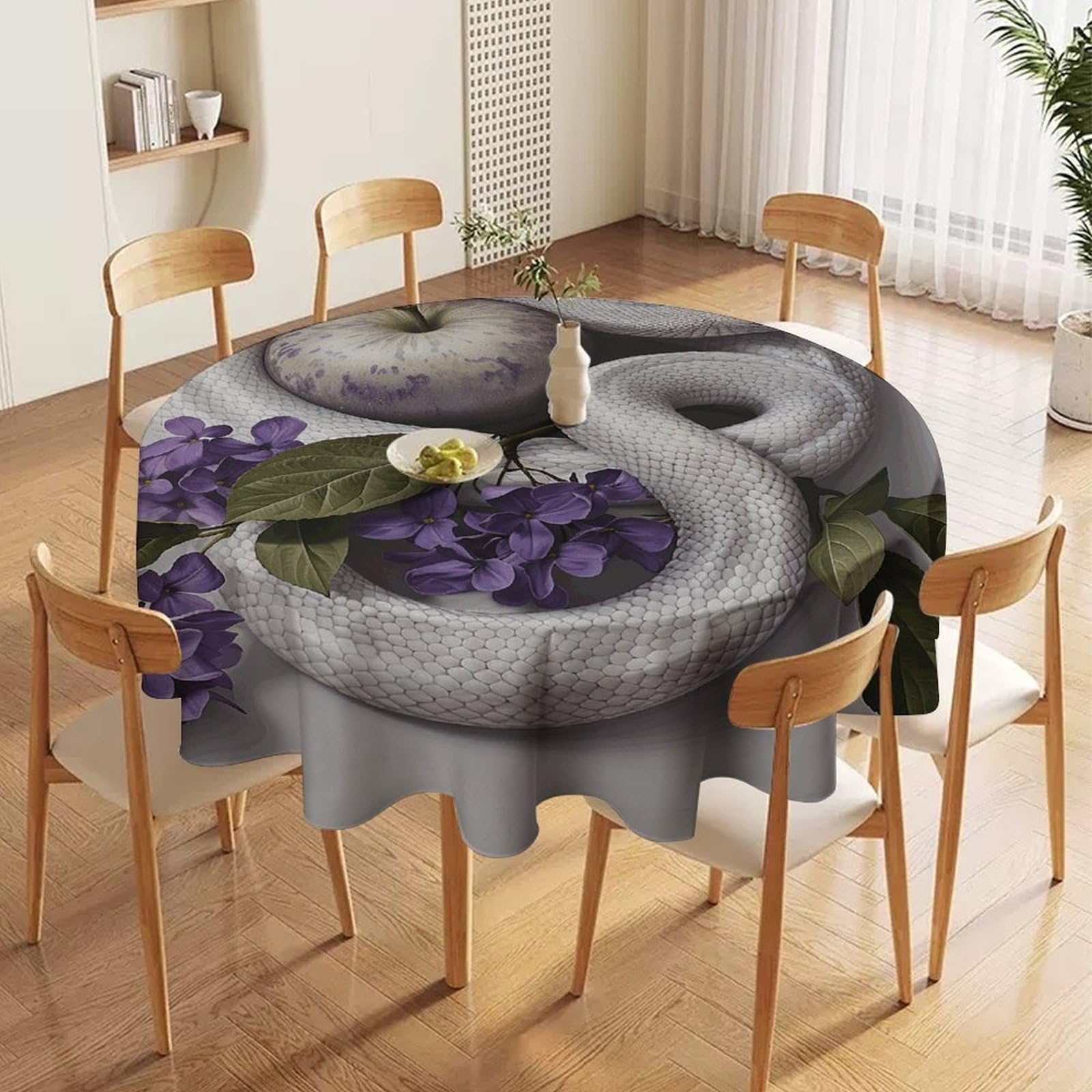 Nappe ronde blanche serpent fleur tissu imperméable protection lavable table cuisine