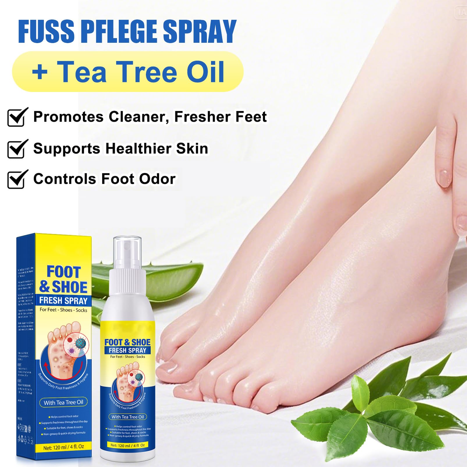 Pielęgnacja stóp S-pray z olejkiem z drzewa herbacianego – 120 ml spray do stóp i paznokci – olejek z drzewa herbacianego – pielęgnacja stóp – spray do pielęgnacji stóp dla kobiet i mężczyzn