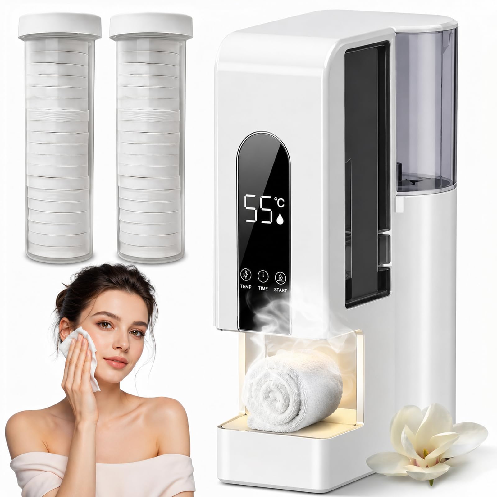 2026 New Hot Face Towel Dispenser, 5s Fast Hot Auto Compressed Towels Wamer Heater Machine with 100 Towels, Disposable Towel Heater,55°c Constant Temperature, for Spa Home Salon (Heater+60 Towels)