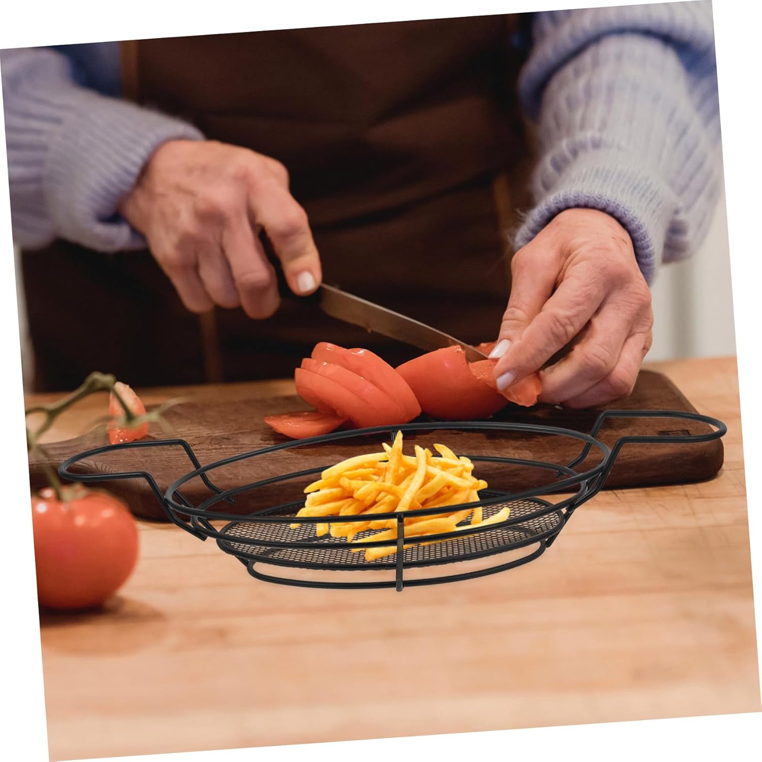 2 Pcs Wire Mesh Basket Keys Potato Fries Modern Countertop Kitchen Wire Produce Basket Fry Restaurant Supplies Baskets Grill Basket for Barbecue Stainless Steel Black