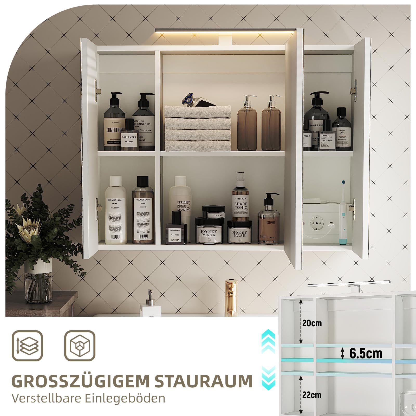 Spiegelschrank für Bad mit Beleuchtung 80x60 cm 3 Türen Badezimmerspiegel mit Steckdose höhenverstellbare Einlegeböden Wandspiegel mit Stauraum Badschrank mit Spiegel für Badezimmer (80x60cm)