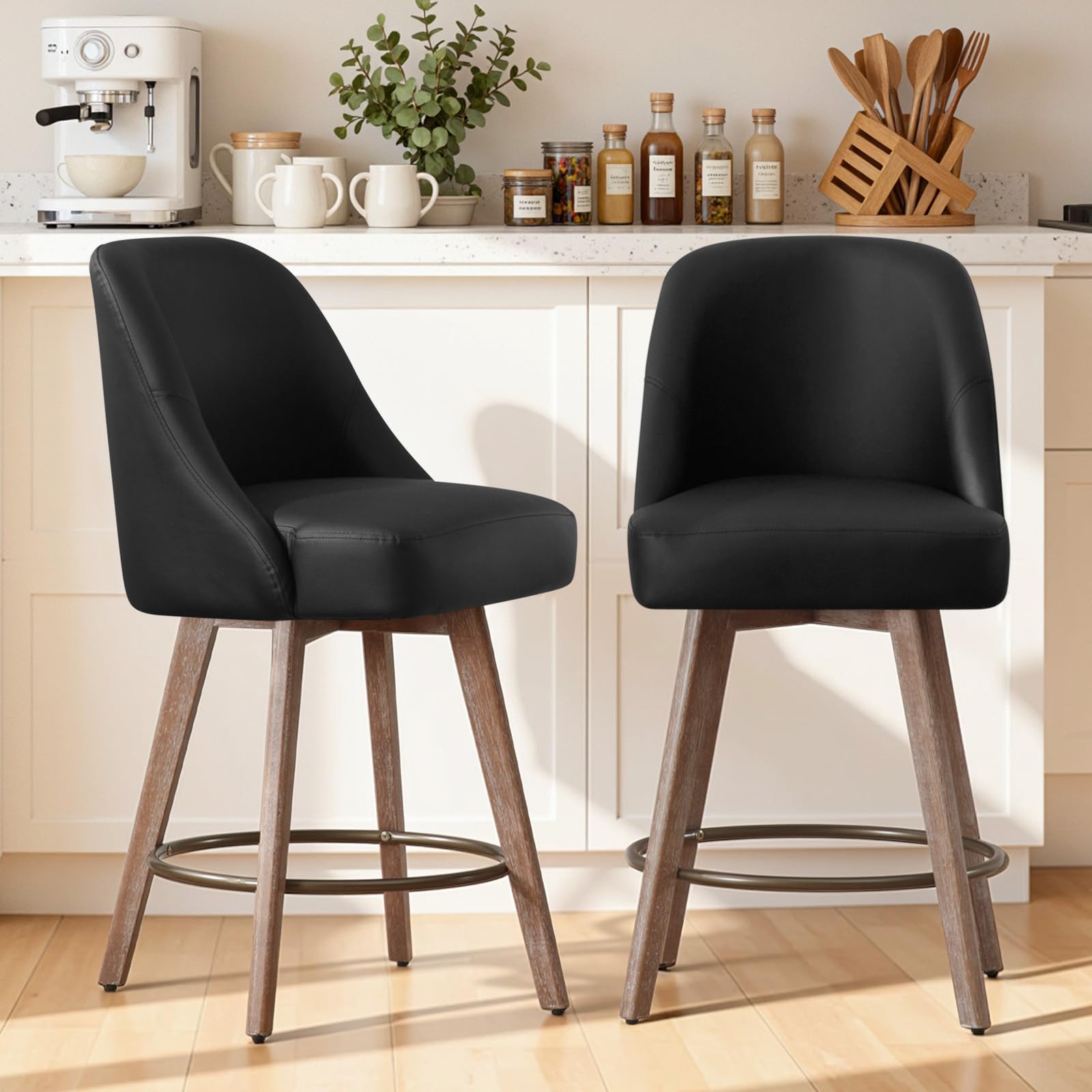 WOOW DEPOT Swivel Bar Stools Set of 2, Faux Leather Upholstered Barstools with Backs and Wood Legs, Modern Mid-Century Chairs 65CM Seat Height Kitchen Counter Stools (PU Black, 2PCS)