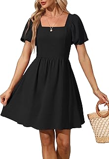 Women Puff Sleeve Square Neck Tie in Back Dresses with Zipper - Buy now