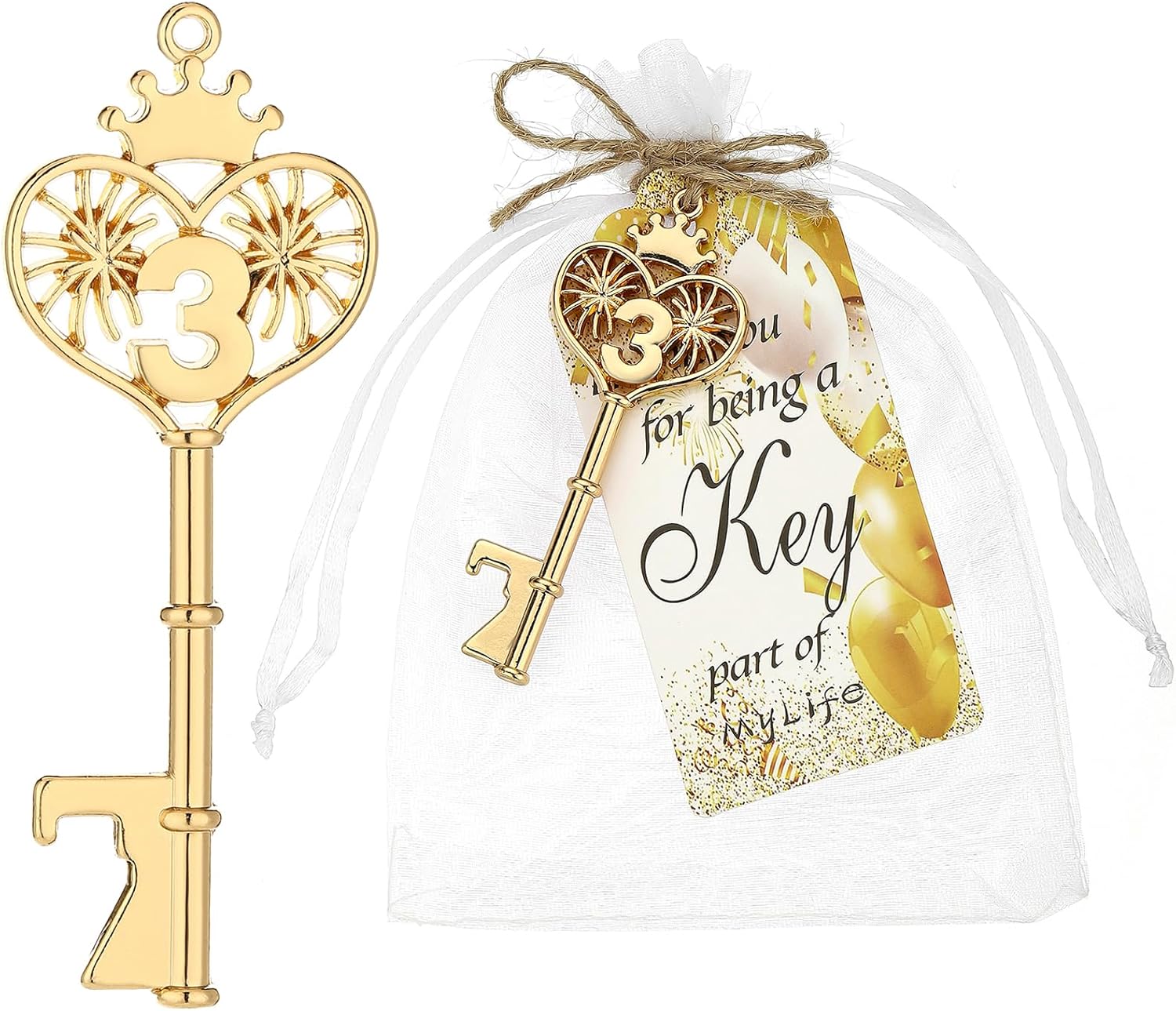 24pcs Gold Key Bottle Opener 3 Years Old Birthday Party Favors, Key Beer Bottle Opener 3rd Birthday Favors Anniversary Souvenirs Return Gifts for Guests Party Decor Supplies (Gold 3)