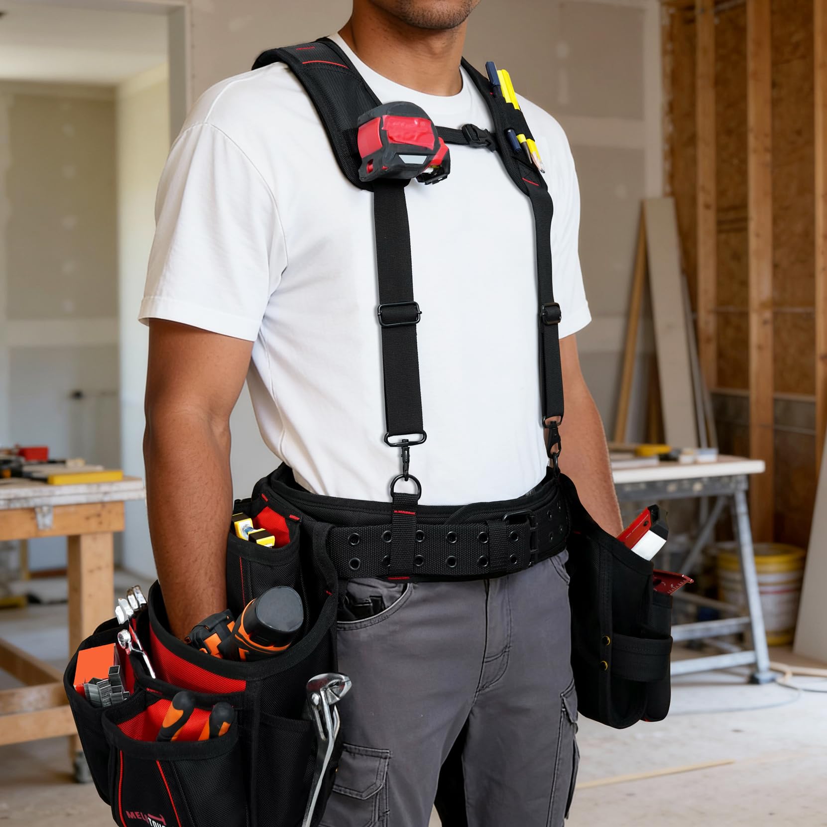 MELOTOUGH Cinturón de herramientas con tirantes, bolsa de herramientas para electricista, tirantes, marcos, delantal, cinturón de herramientas, bolsa de herramientas de construcción, tirantes