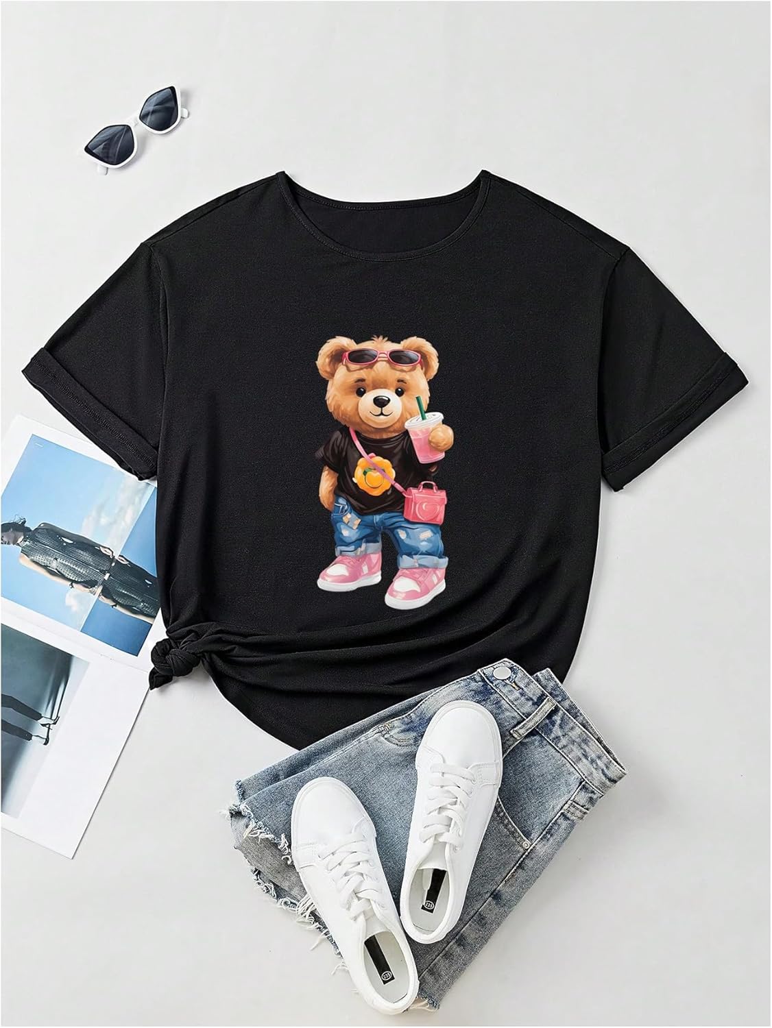 GORGLITTER Women's Bear Graphic Tees Oversized Cute Cartoon Shirts Crewneck Short Sleeve Tops - Image 5