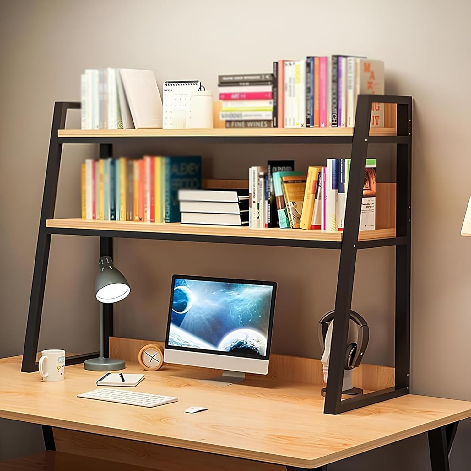 White Desk Hutch Dorm, Desktop Bookshelf for Computer Desk, Dorm Room Desk Hutch, Ladder Desktop Shelf for Home, Dorm, Office SuppliesBrown-Large