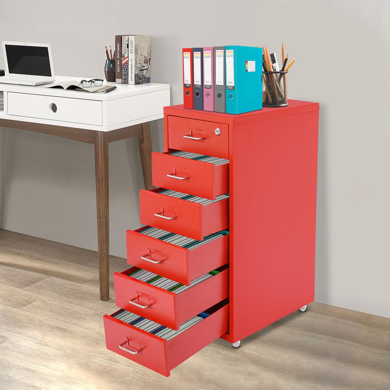 Armadietto mobile verticale a 6 livelli, armadietto portaoggetti per casa e ufficio, con cassetti in metallo, contenitore con ruote, richiudibile, 28 x 41 x 69 cm (rosso)