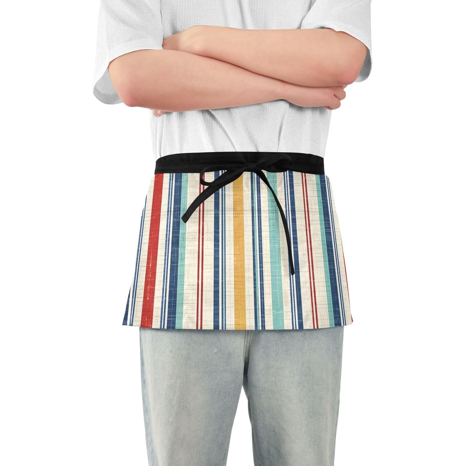 FASHON&FASCIN Server Apron with Pockets Waist Aprons Half Waitress Apron Striped Design for Gardening Restaurant,Multi5