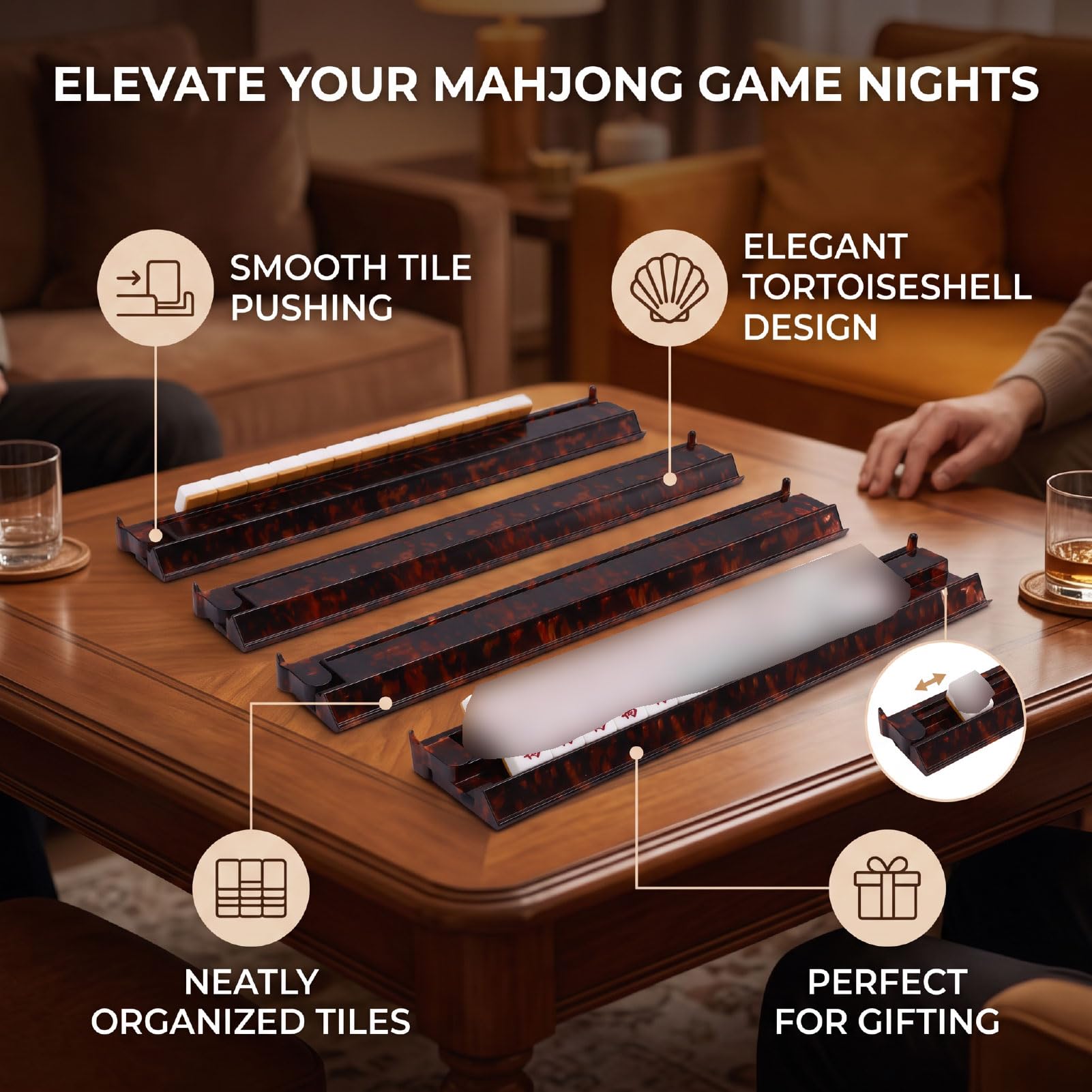 Naroote Bandejas de Mahjong con Empujadores, Lujoso Estampado de Carey (4