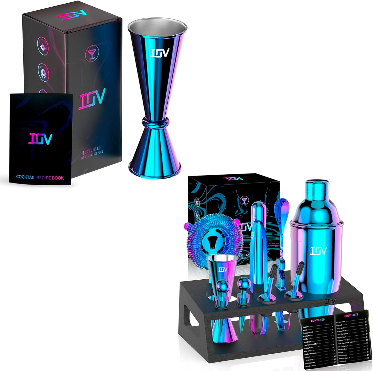 IOV Jigger for Bartending and Mixology Bartender Kit with Stand | 12-Piece Cocktail Shaker Set | 24oz Martini Shaker Set for Drink Mixing.
