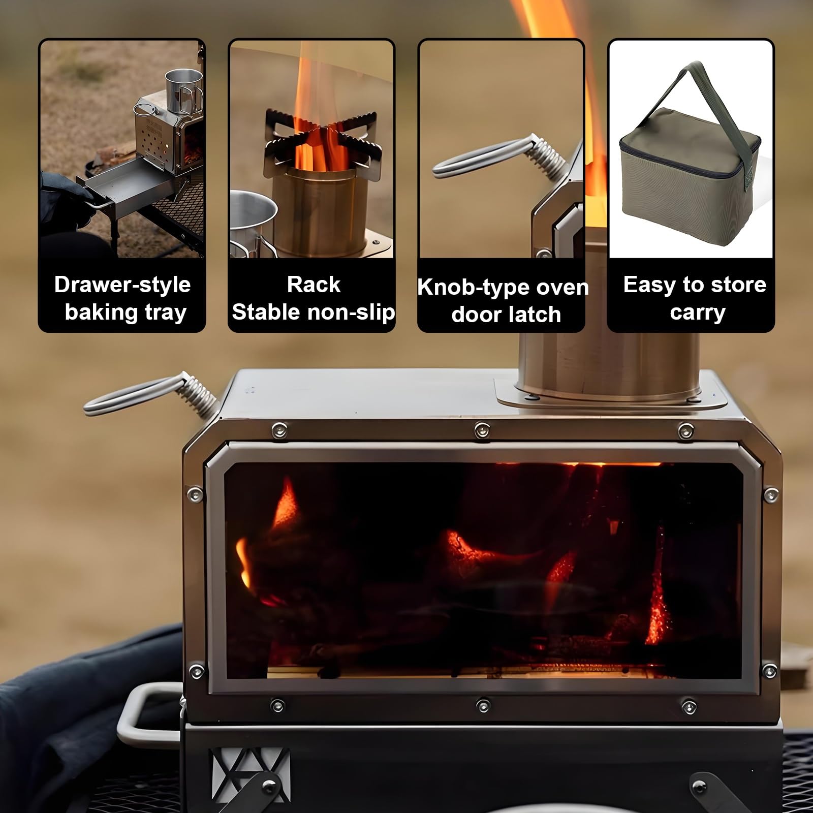 Stufa a Legna Portatile In Acciaio Inox con Finestra Resistente al Calore Riscaldamento Efficiente, Borsa Per Il Trasporto, Stufas da Campeggio Outdoor