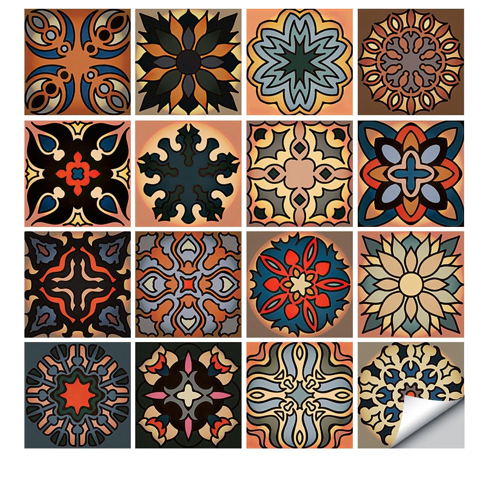 LMYSXAOZ 16 PCS Tile Stickers Stick on Tiles, Self Adhesive Wall Tiles for Bathroom Kitchen, Oil Proof DIY Peel and Floor Flower Brick (30x30cm,Morocco)