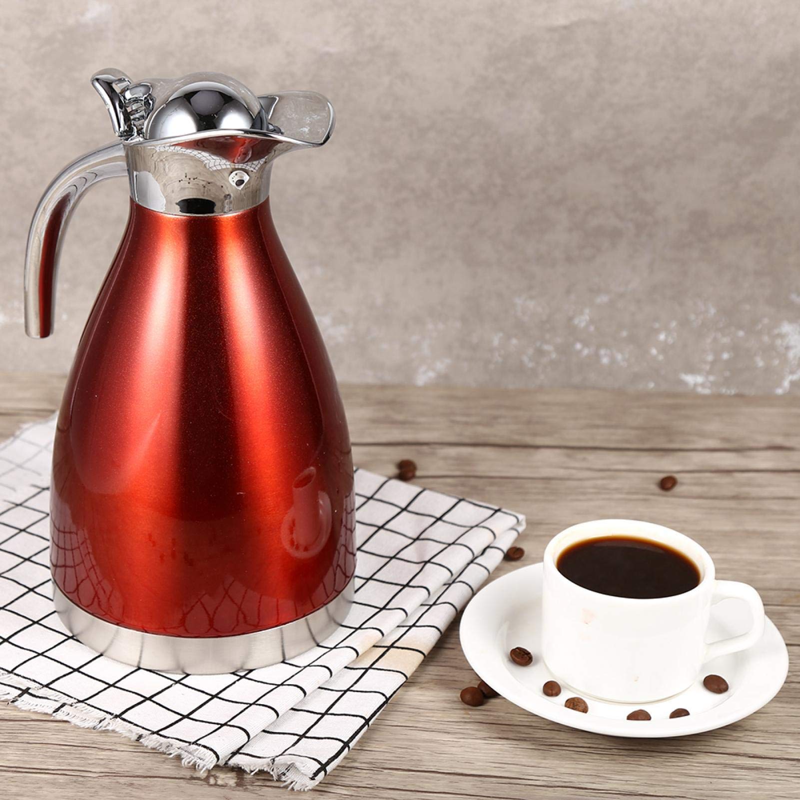 Thermo Pot, théière à café en acier inoxydable Double paroi isolée sous vide Thermo Jug Bouillotte avec poignée(2L-rouge)