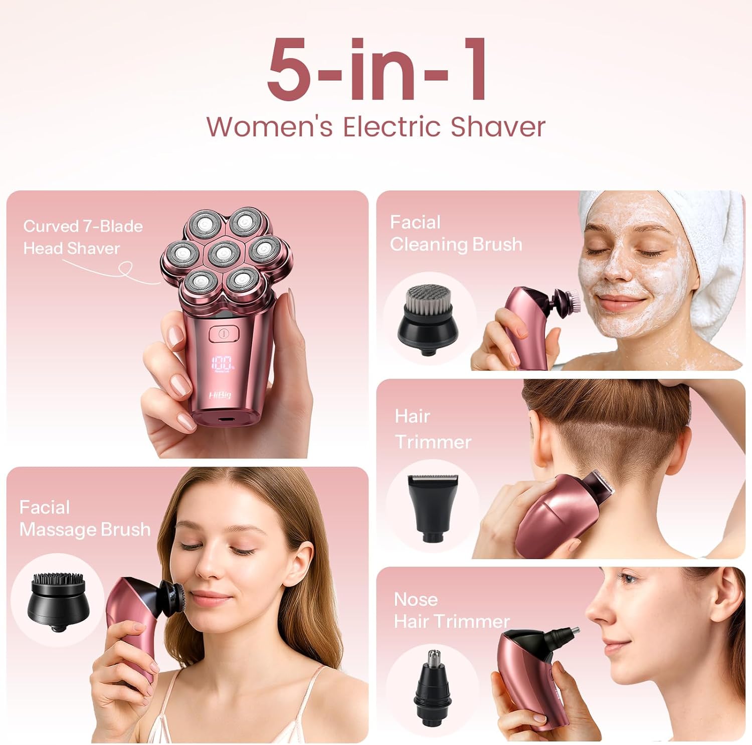 Electric Razors for Women Legs : 5-in-1 Rechargeable Body Shaver, 7D Wet & Dry Bikini Trimmer, IPX7 Waterproof Lady Hair Remover for Face Underarms Pubic, Rose Pink - Image 3