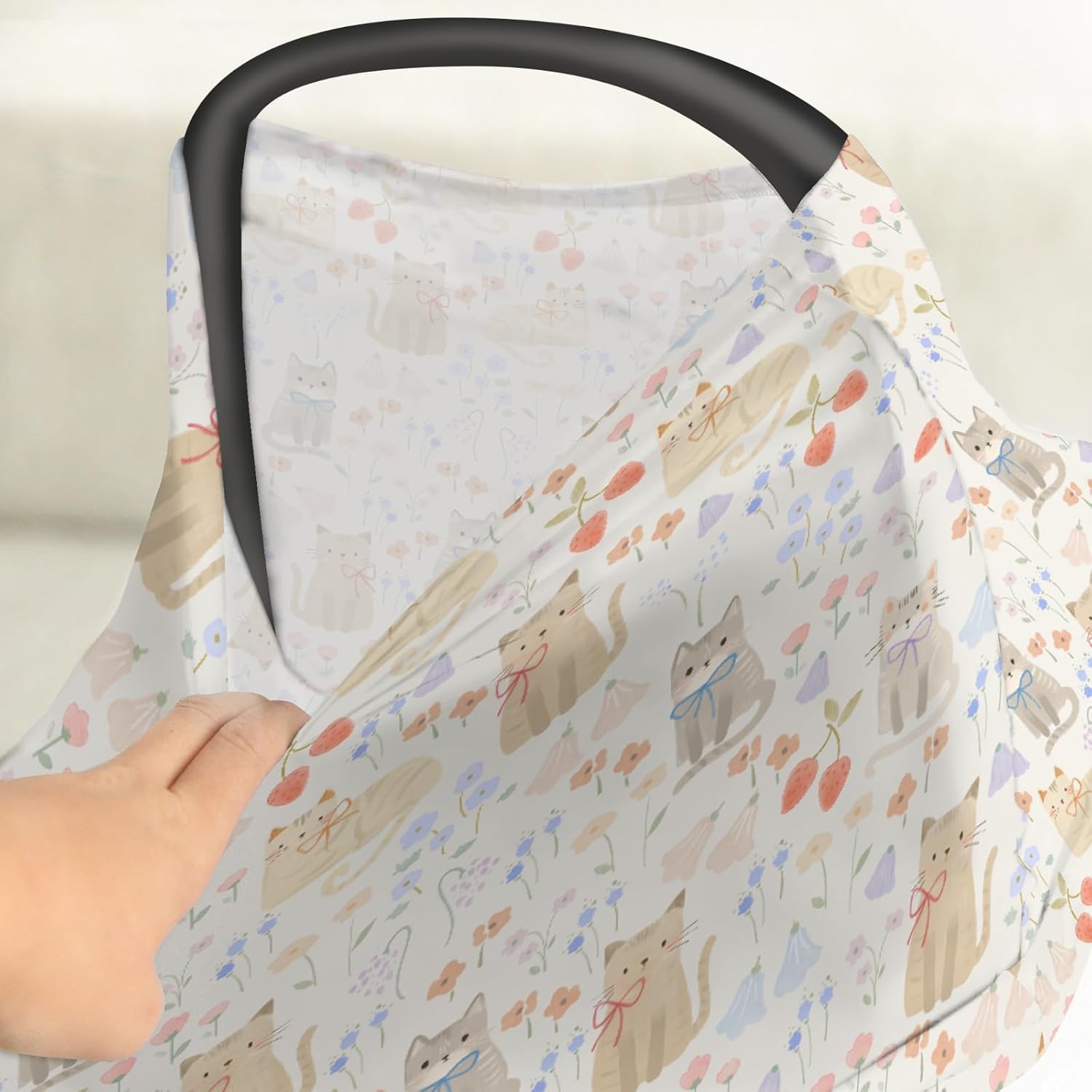 Boho Cats Bows Strawberries Flowers Car Seat Cover for Babies Cute Kittens Meadow Floral Stretchy 5-in-1 Cover Adjustable Car Canopy Cover Cat Lovers Gift Breathable Nursing Cover-Up