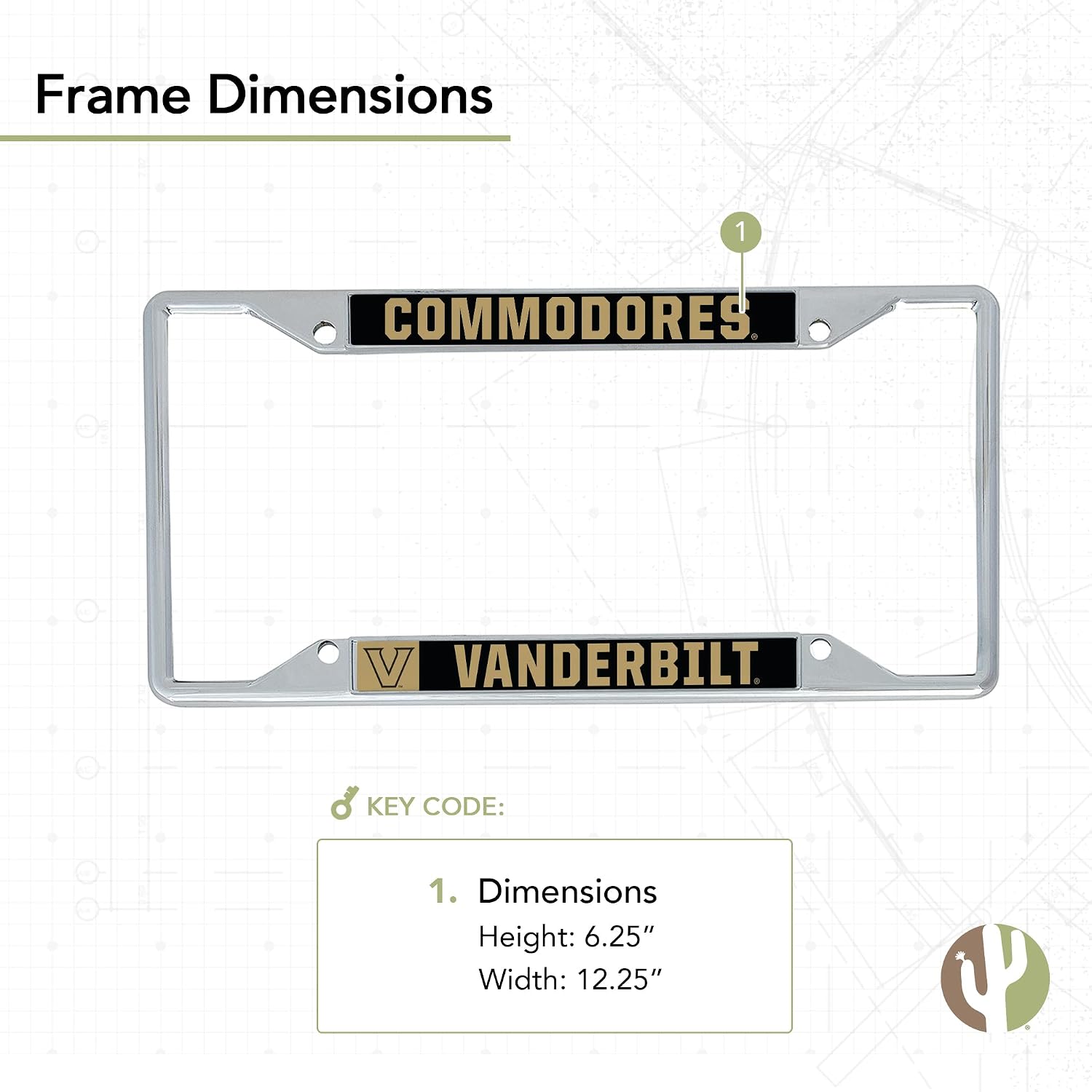 Desert Cactus Vanderbilt University License Plate Frame and Sticker Car Tag Holder for Front or Back of Car Officially Licensed Metal (Sticker Frame Combo - Mascot)