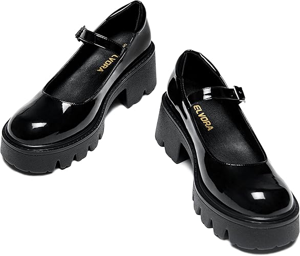 Elvora Women's Mary Jane Shoes - Platform Mary Janes for Women, Black Leather Round Toe Chunky Dress Shoes with Adjustable Ankle Strap