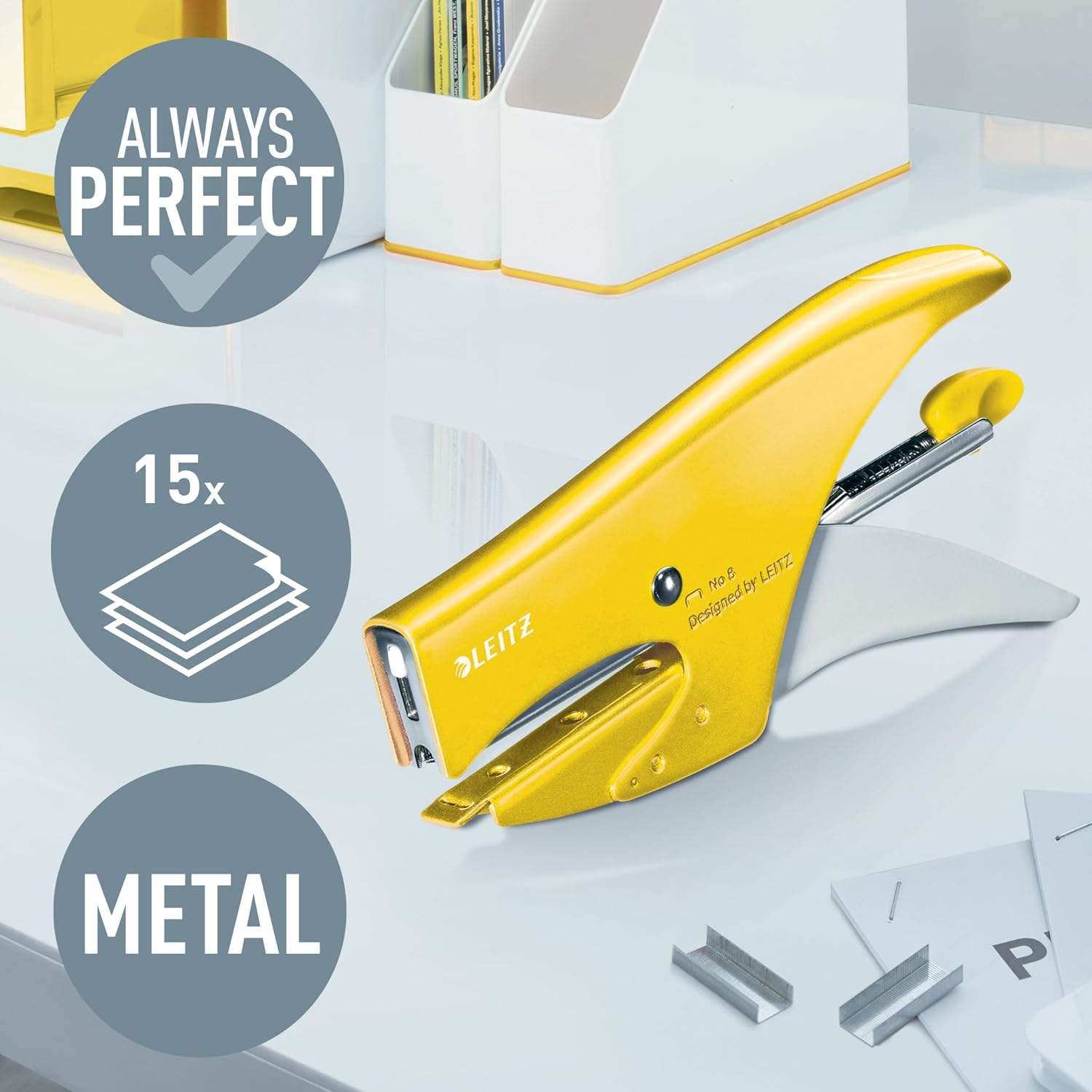 Leitz Stapling Pliers, 15 Sheet Capacity, Ergonomic Metal Body, Includes Staples, Wow Range, 55472016 - Yellow