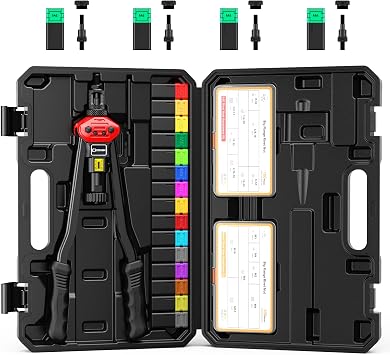 CORWIN 16" Rivet Nut Gun with Stroke Adjustment - 19mandrels15 Metric and SAE Mandrels M3-M12 & to 1/2" + 4 Pieces M6 Mandrels - 200 Threaded Nuts 100 Each in Storage Boxes