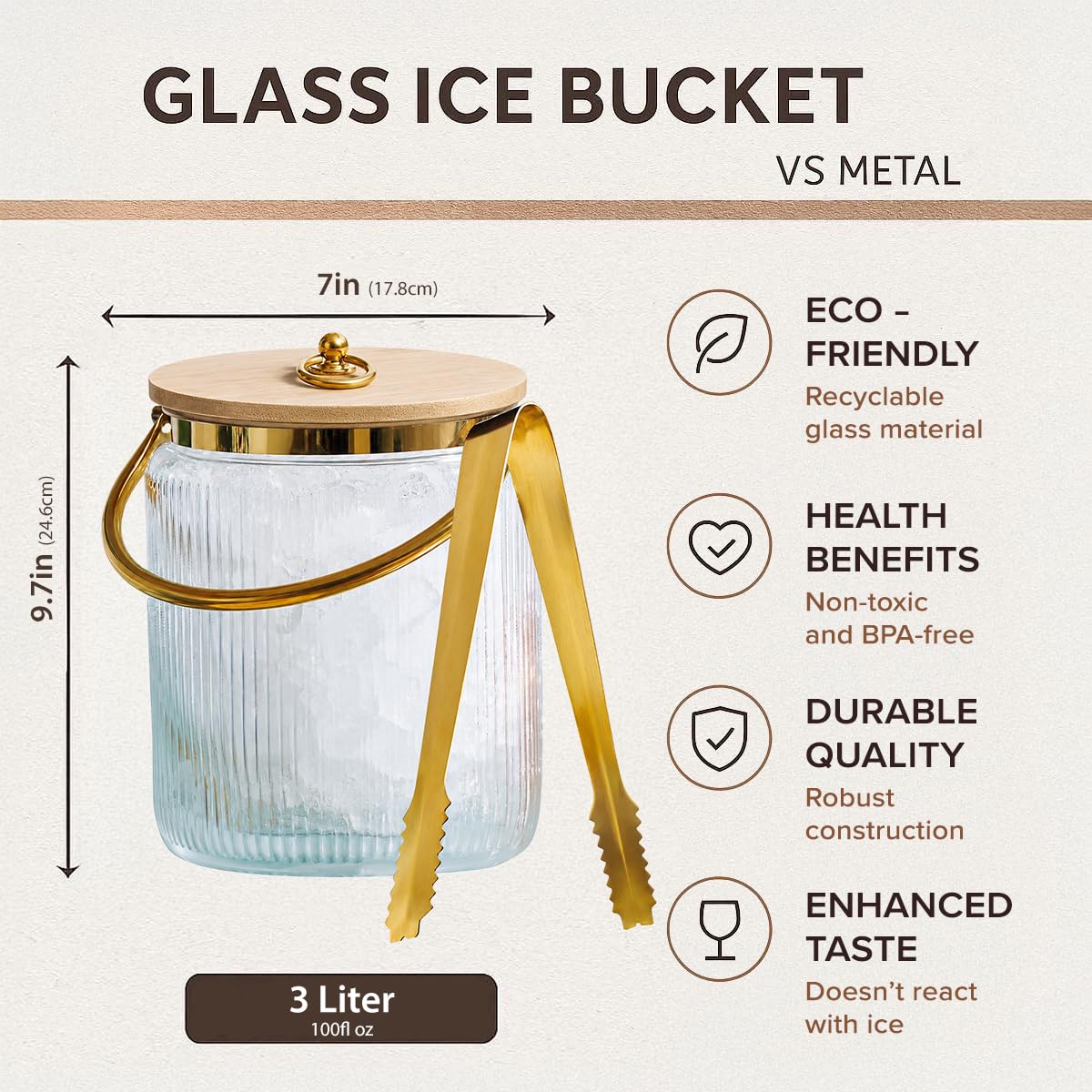 Le'raze Cubo de hielo de vidrio con tapa hermética cuchara y mango de pinza de hielo – Bañera de bebidas acanalada de 3 litros accesorios de bar, cerveza, enfriador para fiestas, enfriador de champán