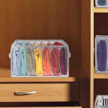 Univivi Tshirt Clothes Drawer Organizer with Handles, 7 Grids, 2 Pack | 7 Compartment Foldable Wardrobe Organizer, Mesh See Through Sweatshirt Organizer for Closet, Pants, Sweaters, T-Shirt