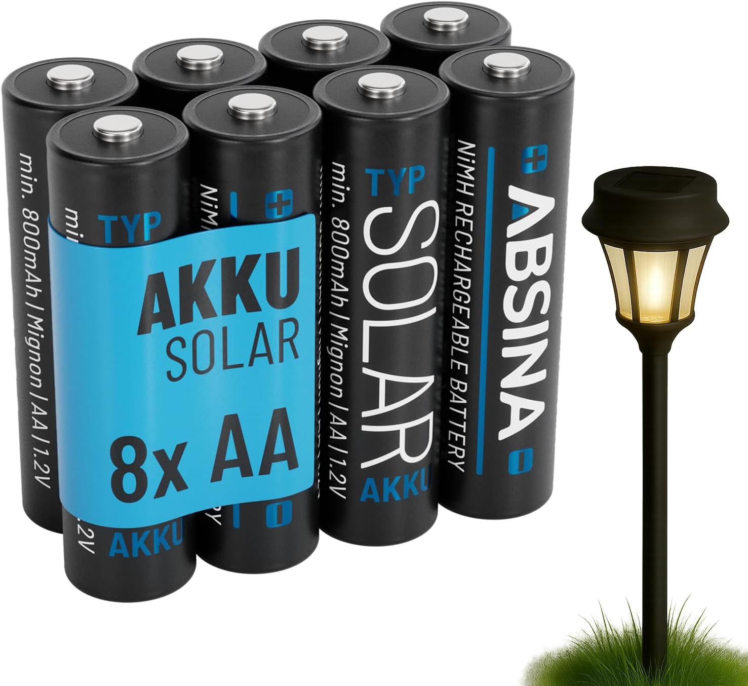 Eight ABSINA Solar AA rechargeable batteries next to a lit solar garden light.