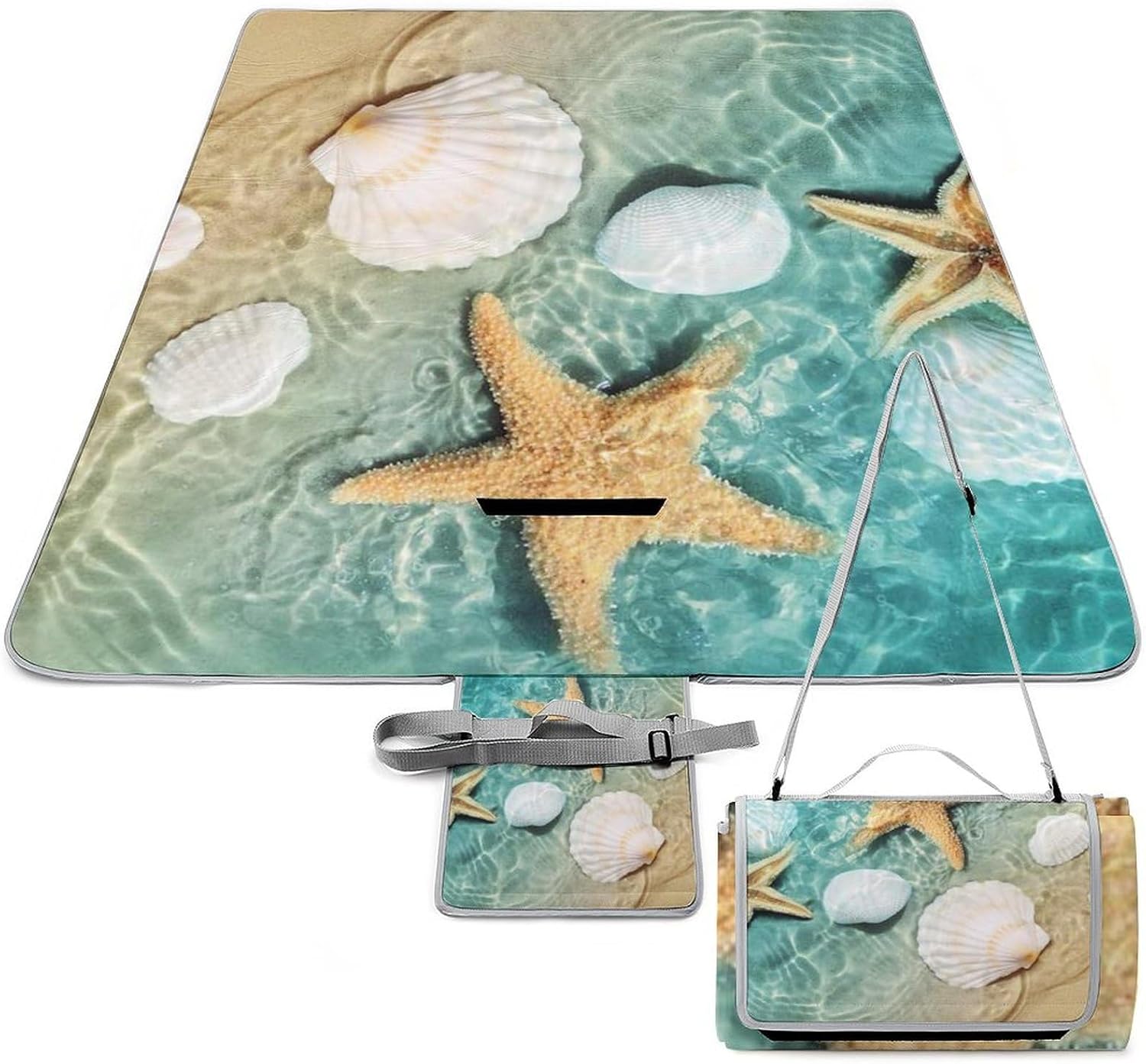 Seashell Picnic Blanket, Starfish, 148 x 148cm, Foldable, Waterproof, Heat Resistant, Camping Mat with Carry Handle, Portable Picnic Mat