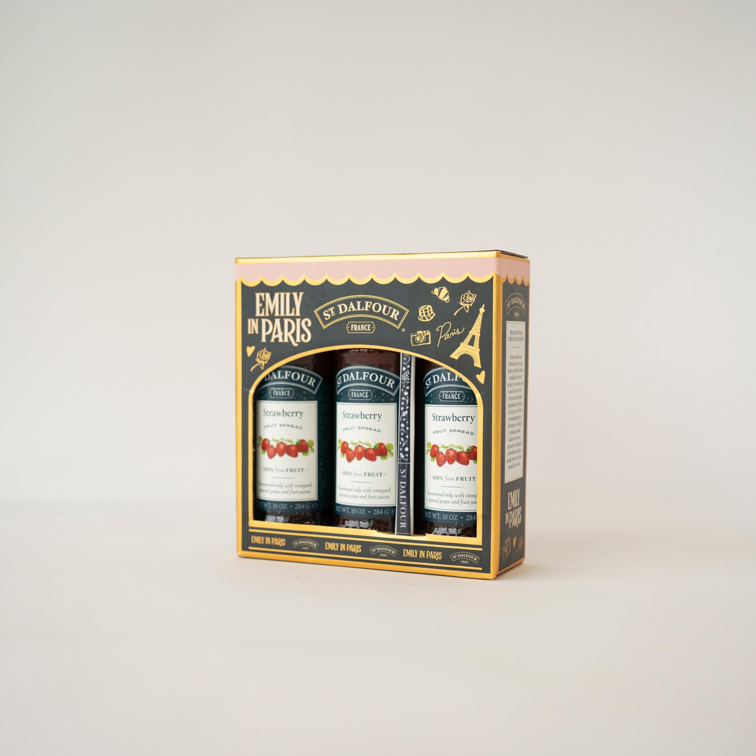 St. Dalfour Pack Regalo de Mermeladas – Edición Emily in Paris – 100% fruta, sin azúcar añadido, sin gluten – 3x284g (Fresa)