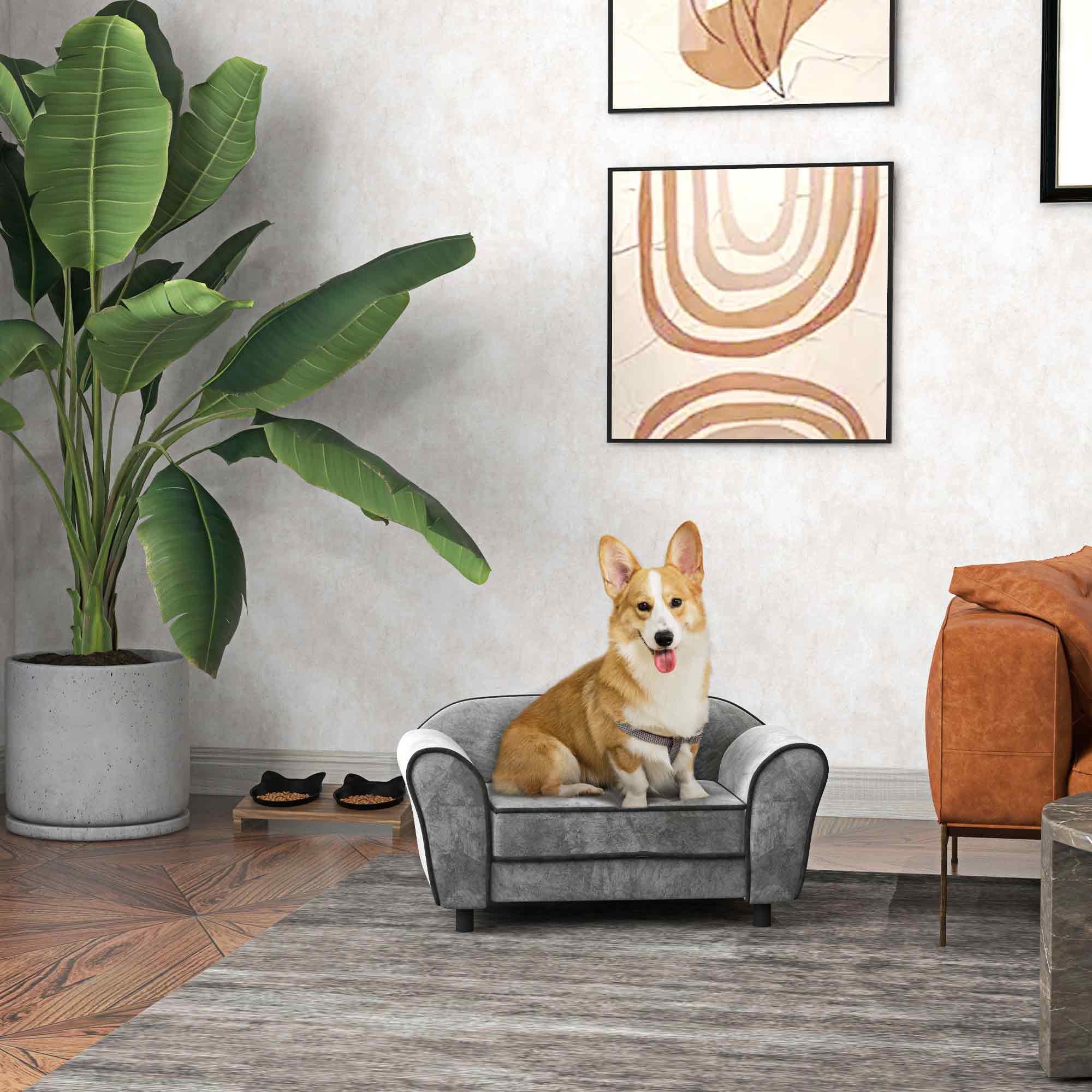 PawHut Canapé pour Chien, canapé pour Chat, Dossier capitonné au Toucher Velours néerlandais, Housse de Coussin Lavable, canapé pour Animaux domestiques, 74 x 41 x 32,5 cm, Gris