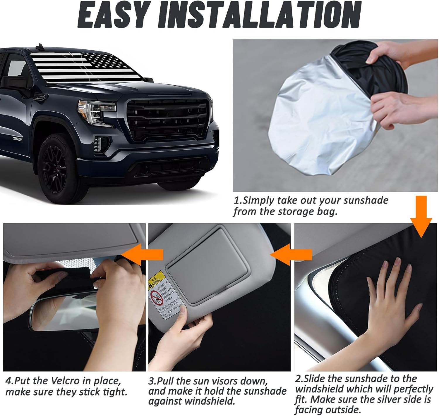D-Lumina Windshield Sun Shade for 2019-2025 GMC Sierra 1500 2500 3500 Accessories, Front Window Sunshade American Flag Sun Visor Protector Sun Shield Block UV Ray Heat, Foldable 2 Layers 210T Material