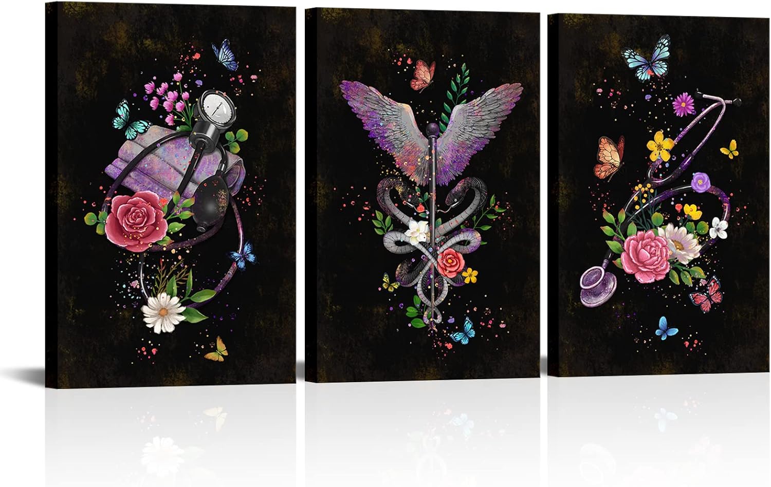 Conipit Medical Office Wall Art Stethoscope Canvas Picture Medical Instruments with Snake Butterfly Flower Artwork for Hospital Clinic Wall Decor Doctor Present Nurse Day Gifts (Large)