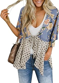 Womens Tie Front Kimono Cardigans Floral Lightweight Ruffle 3/4 Sleeve B...