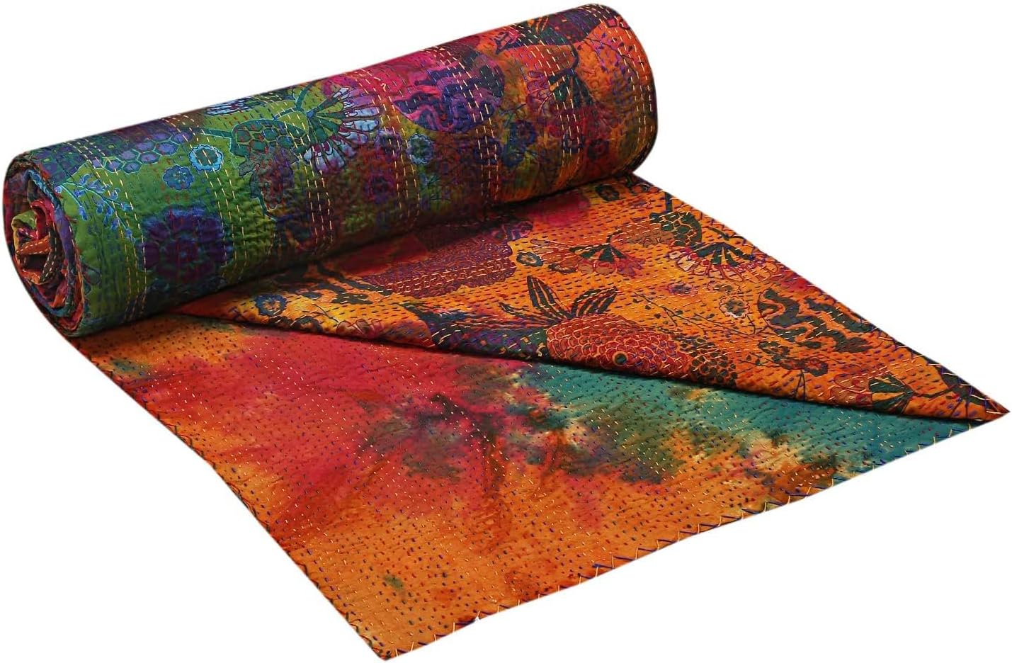 GDONLINE Indian Handmade Stitched Fruit Print Pure Cotton Kantha Quilt, Reversible Kantha Quilt, Home Dorm Decor Bedspread, Kantha Blanket Throw, (Multi Dye, Twin 90" x 60")