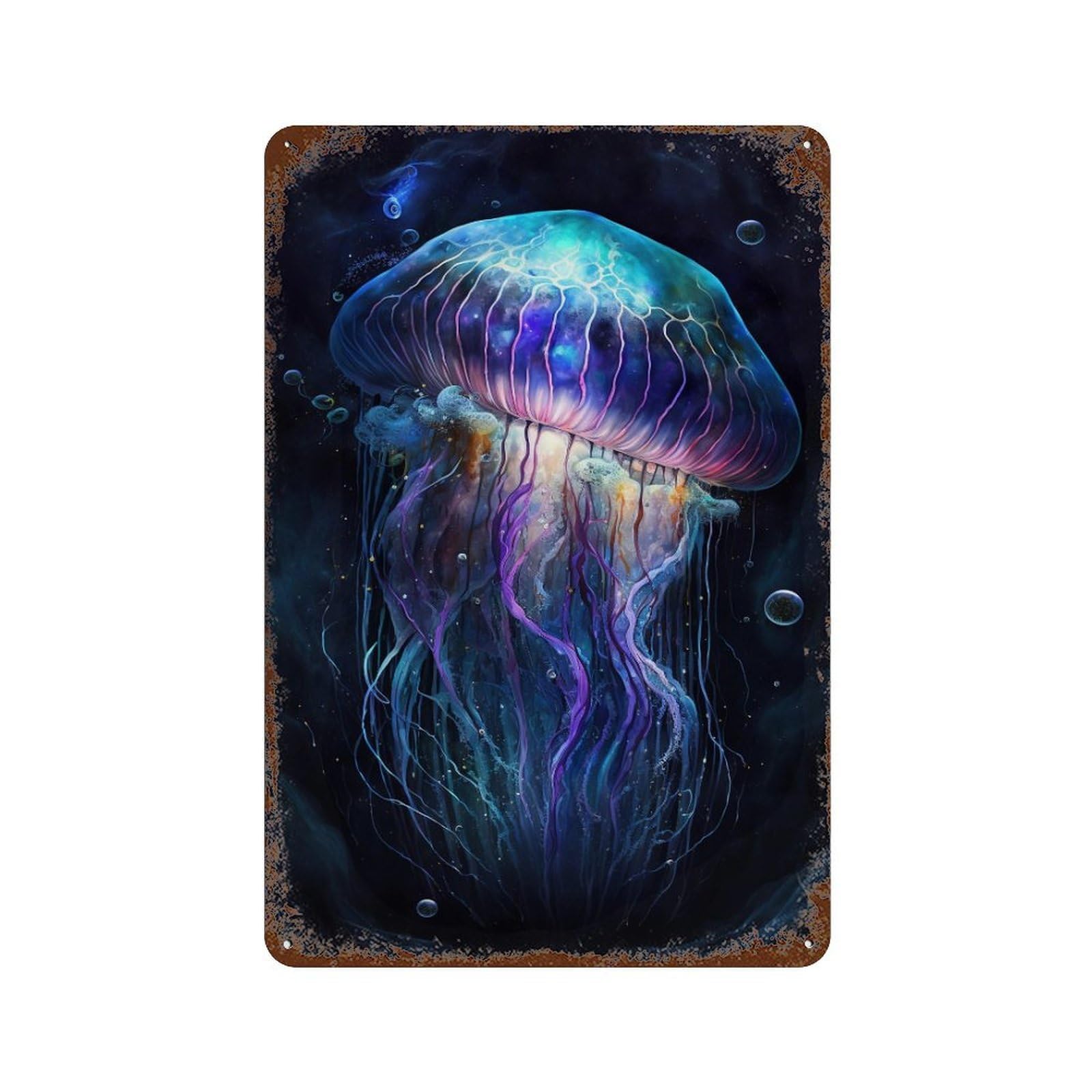 Garage Style Glowing Jellyfish Art Print Rusty Metal Tin Sign 11.8"x7.9", Classic Wall Plaque for Bar And Workshop