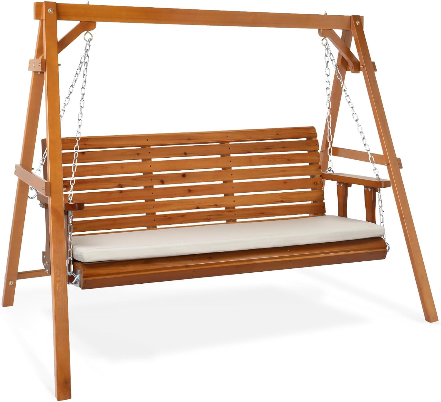 VINGLI 5 FT Outdoor Porch Swing with Frame, Patio Hanging Swing & Stand with Extra Cushions Heavy Duty 880 LBS for Yard, Garden, Pool, Deck, Brown