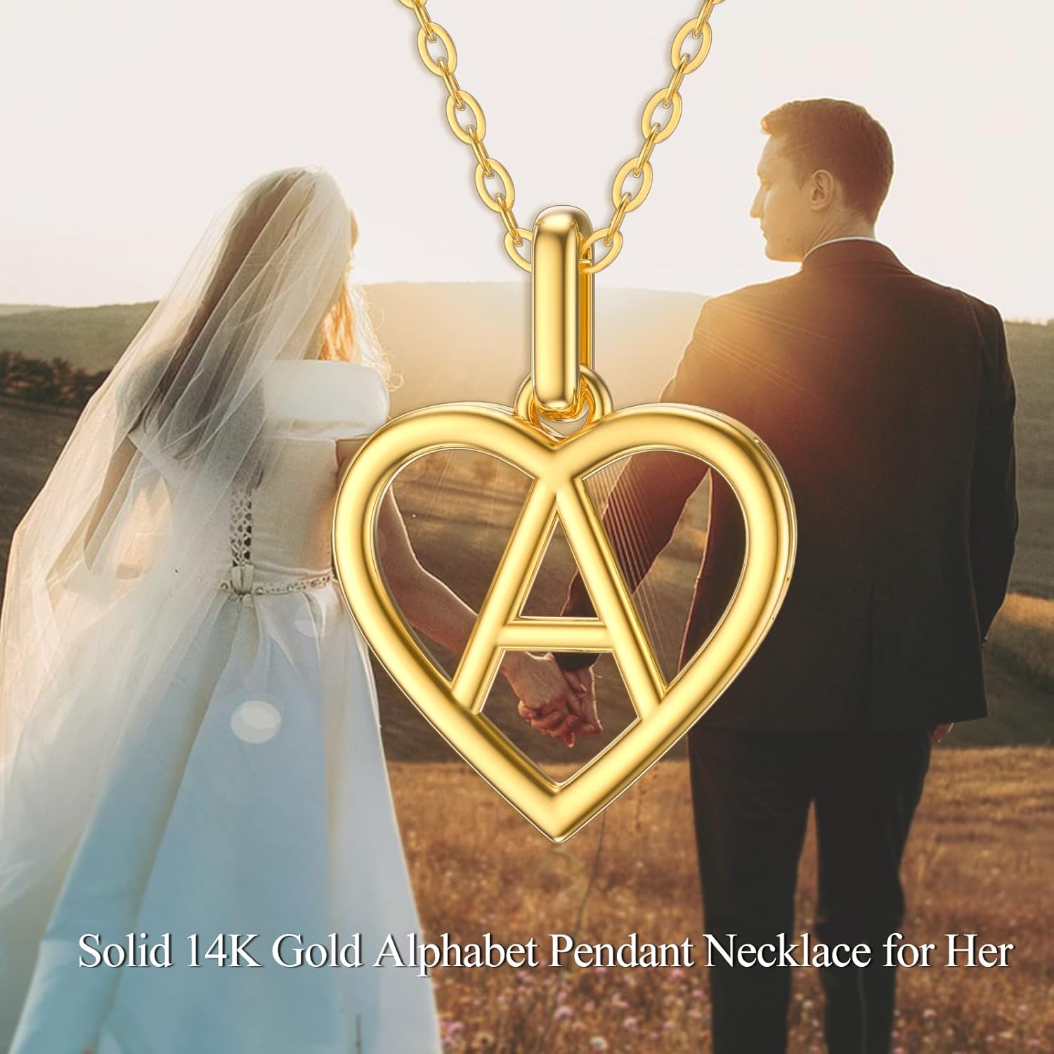 14K Solid Gold Heart Initial Necklaces for Women, Real Gold Heart Pendant Letter A Alphabet Necklace Jewelry Gift for Her, 18" Gold Adjustable Chain