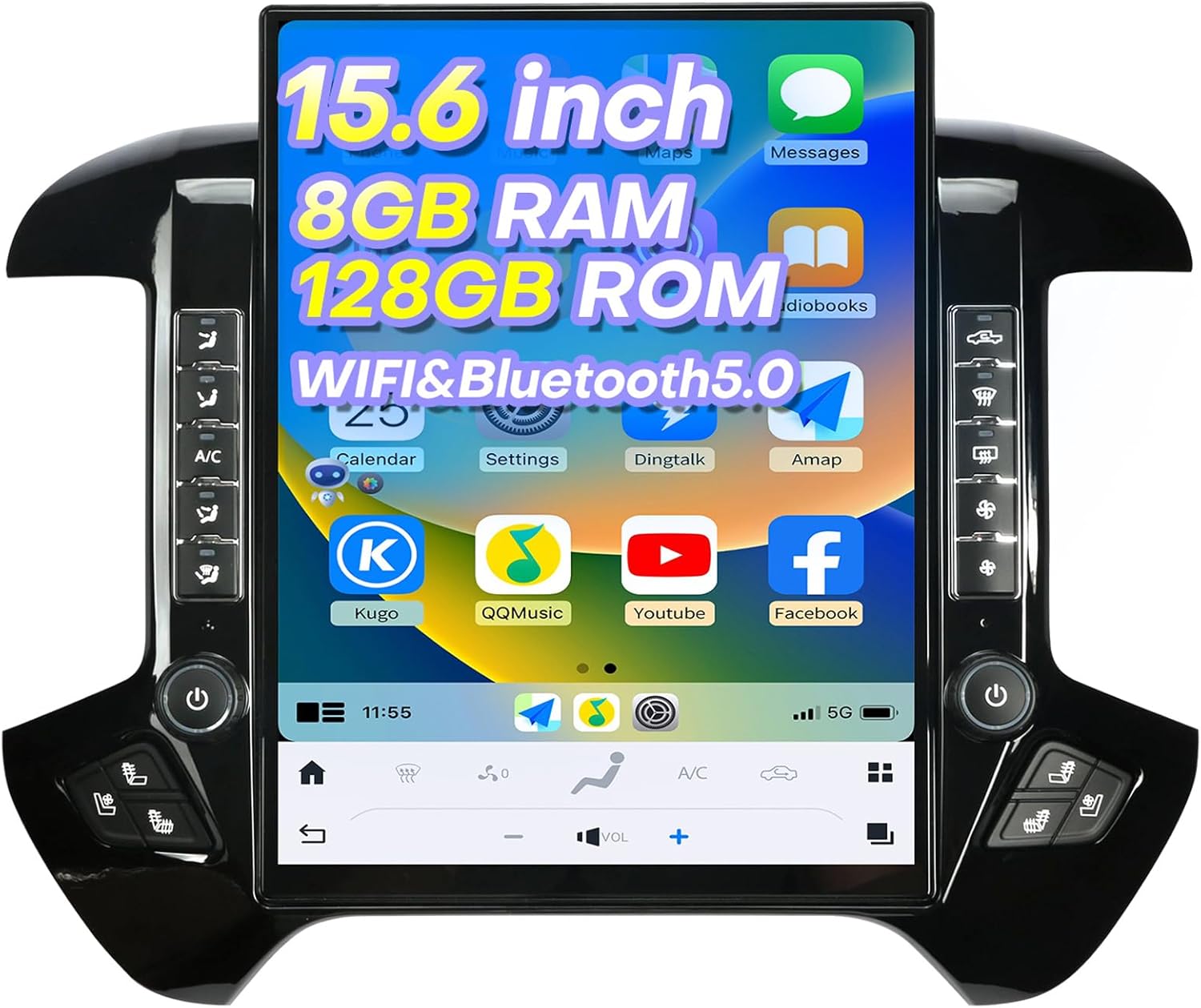 Qualcomm Android Car Radio for Chevrolet Silverado GMC Sierra 2014-2018 Stereo Replacement Head Unit 15.6 Inch 2K QHD IPS Touch Screen Tesla Style Carplay Android Auto GPS Navigation OEM 8 Inch（Black）