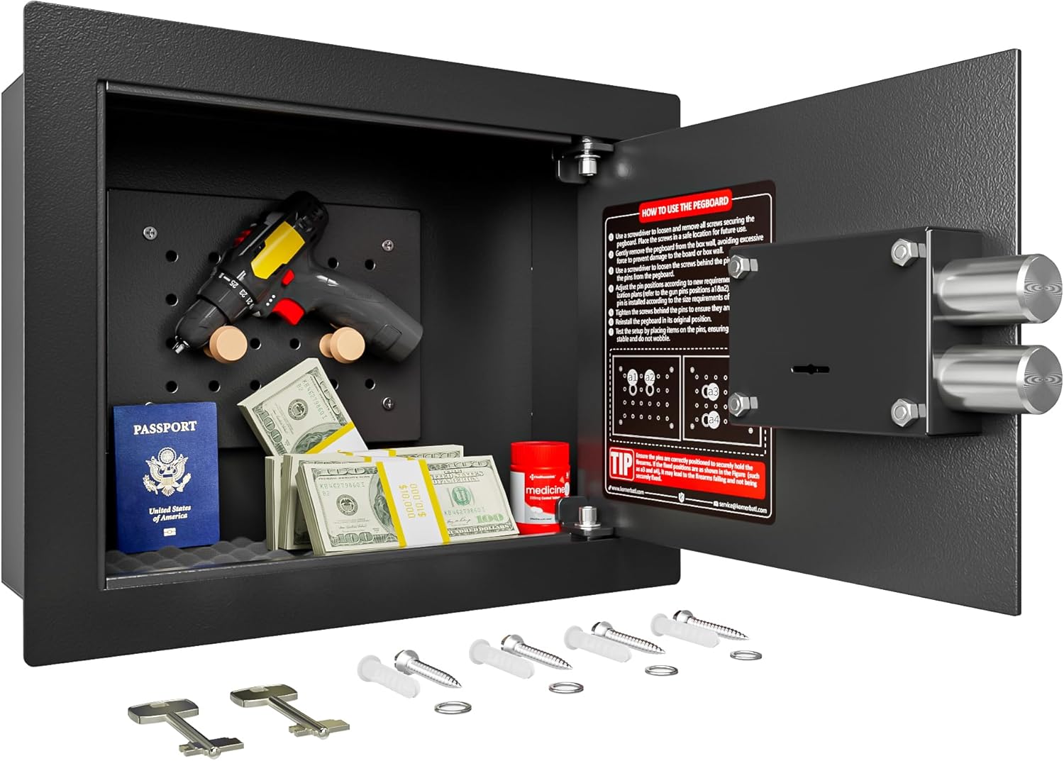 Small Hidden In Wall Safe Between 16″ Studs, 0.327 cu ft Security Floor Safe with Removable Pegboard, Key Access Black Wall Safe for Jewelry, Passport, Document Storage