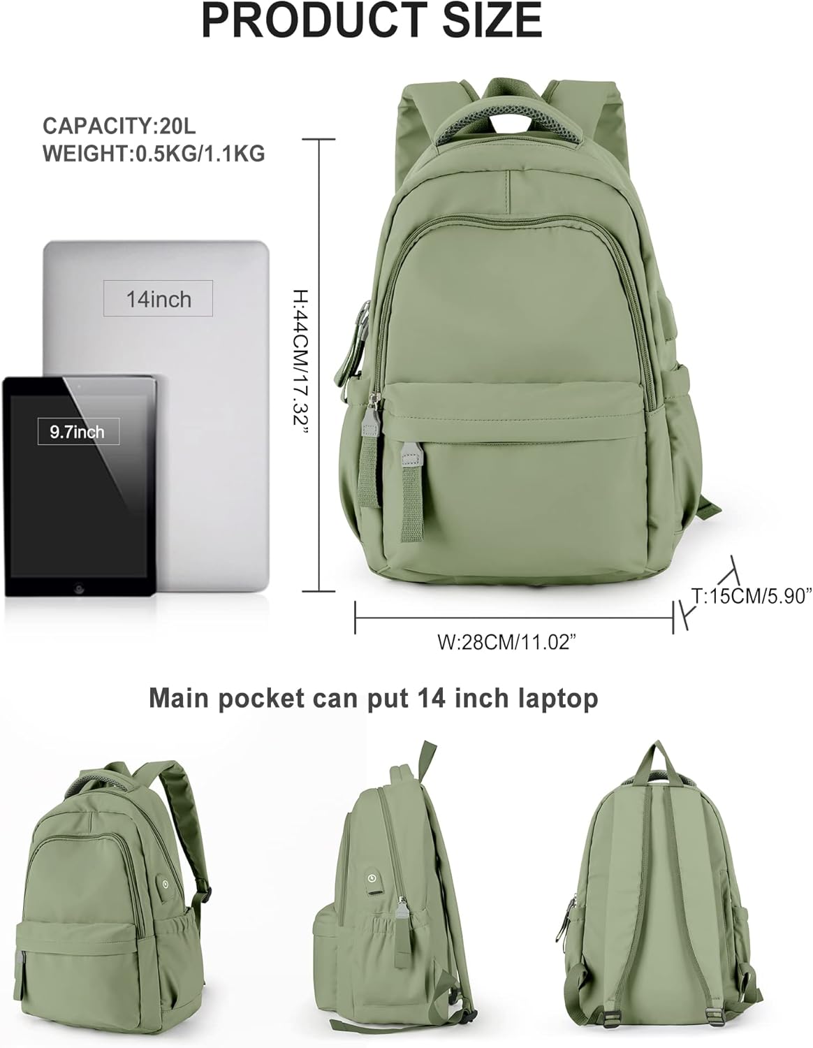 winspansy Small Backpack For School Girls Boys Aesthetic Lightweight Travel Daypack Simple Cute Backpack For Women Men College High School Bookbag Bag Fit 14 Inch Laptop With USB charging port, Green - Image 2