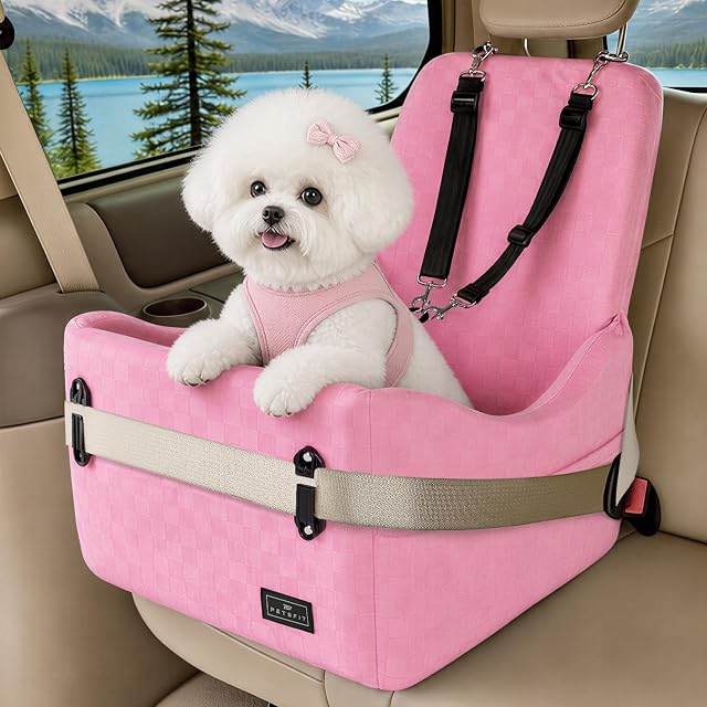 PETSFIT Siège de voiture pour chien pour chiens petits/moyens jusqu'à 35 Lbs – Système de sécurité breveté, 5" Memory Foam Pet Booster Siège de voiture, entièrement amovible et lavable siège de voiture de chien avec 2 Poches de stockage (puits)