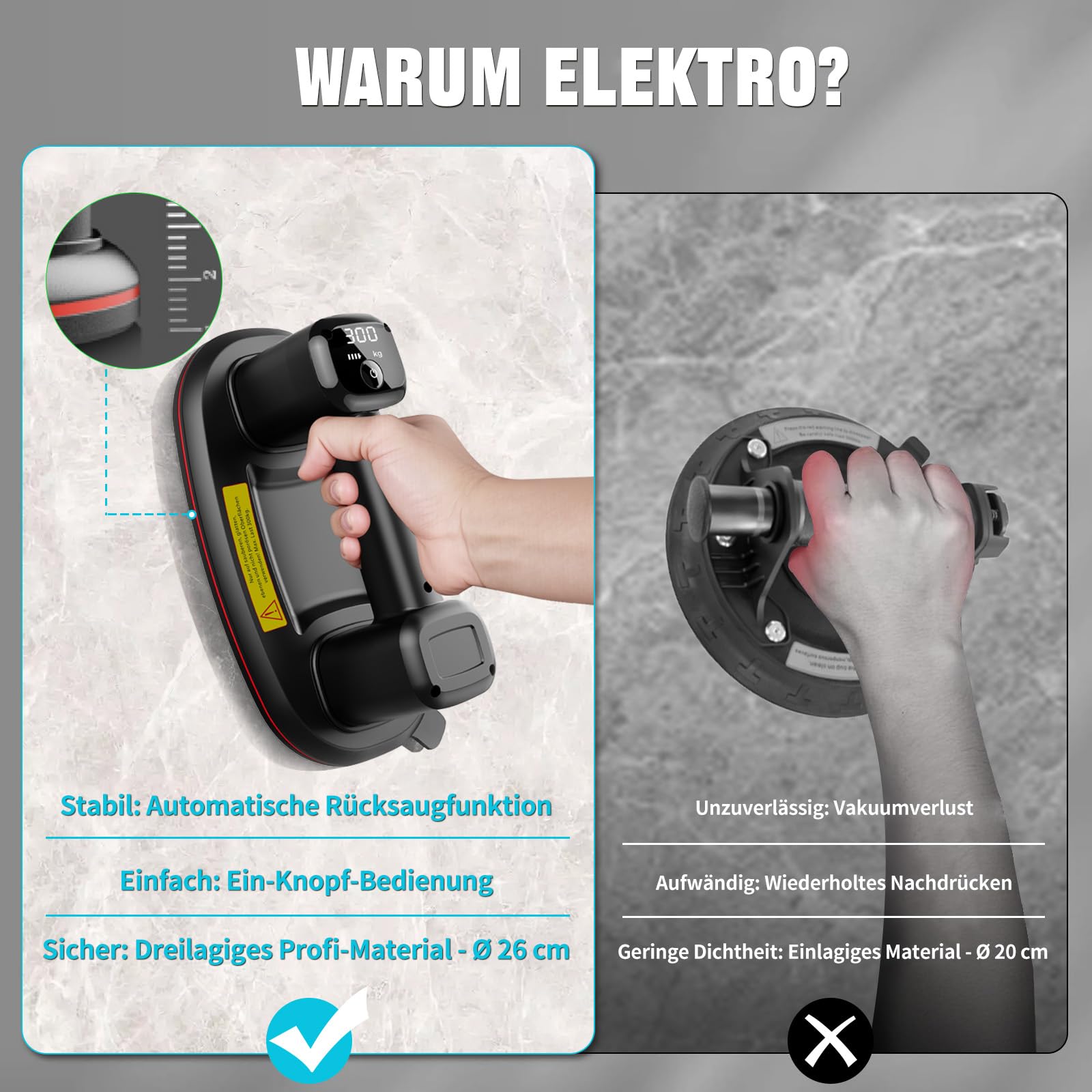 2er-Set 26cm Akku Saugheber für Fliesen,Elektrischer Saugheber Fliesensauger,Plattenheber Vakuumheber mit Auto-Nachsauge & LCD-Anzeige für Saugkraft & Akkulaufzeit,4500 mAh Akku,Max.300KG