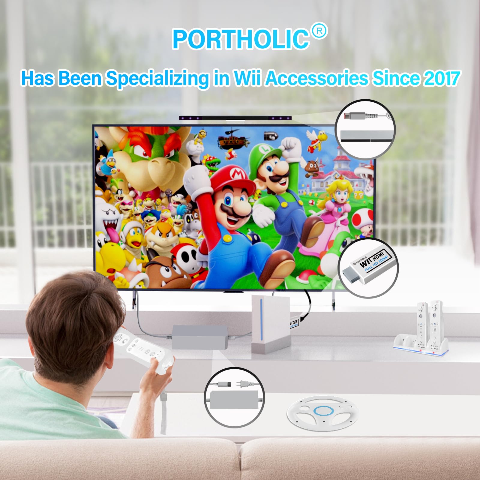 Kit Cavi Wii 4 in 1 - Alimentatore AC + Adattatore Wii a HDMI + Barra Sensori Cablata + Cavo Audio Video Composito per Nintendo Wii