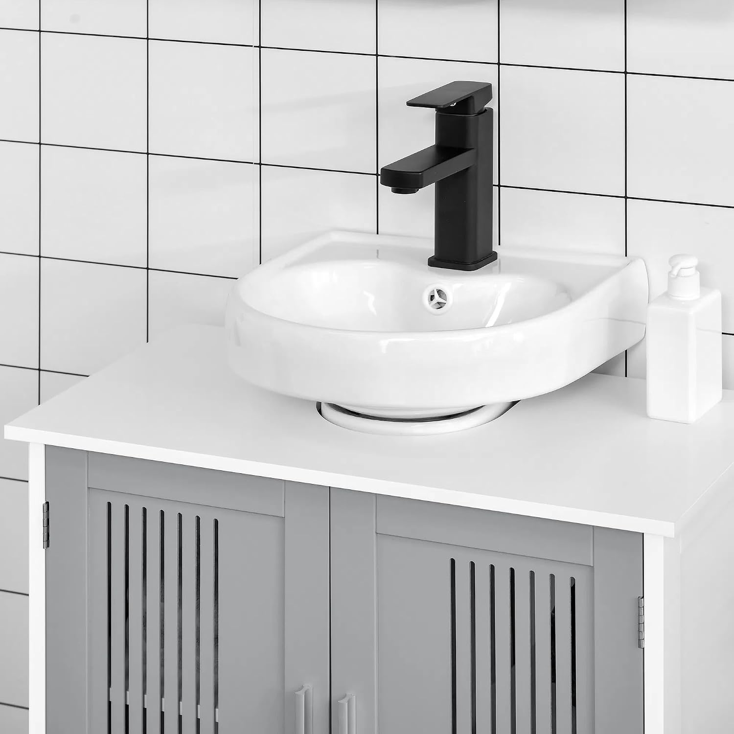 23.5" Gray/White Under Sink Bathroom Cabinet, Pedestal Sink Storage Cabinet with U-Shaped Cutout, Adjustable Shelf & Double Doors, MDF Bathroom Organizer for Toiletries, Cleaning Supplies