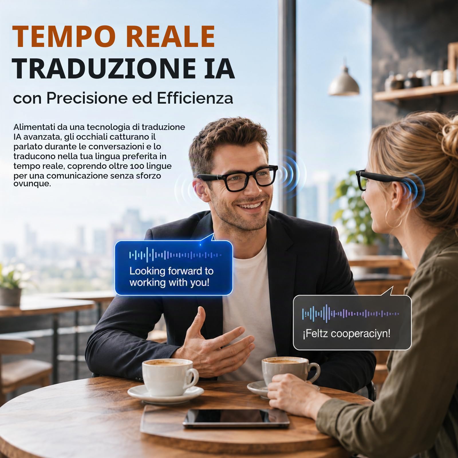 AI Smart Glasses con fotocamera, occhiali per registrazione video 4K HD, traduzione in tempo reale in 163 lingue, assistente vocale GPT KI, Bluetooth, con controllo vocale, fotocromatico UV400 Smart